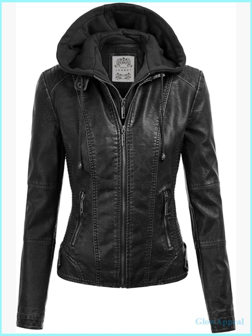 Faux Leather Motorcycle Jacket with Removable Hood, Quilted Detail